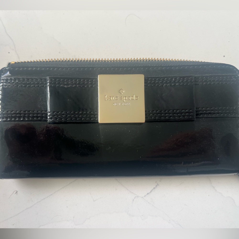 Kate Spade Black Patent Leather Wallet with Gold Accent